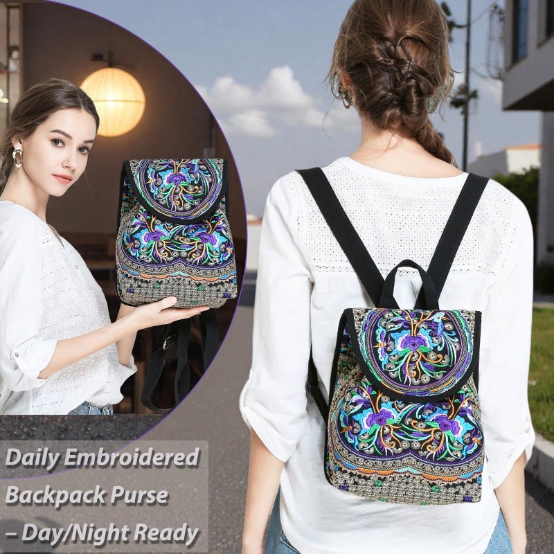 Goodhan Vintage Embroidered Women Backpack Ethnic Travel Handbag Shoulder Bag, 12x10x5 inch, Purple - Image 5